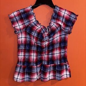 Crave Fame Red and Blue Plaid Ruffle Blouse